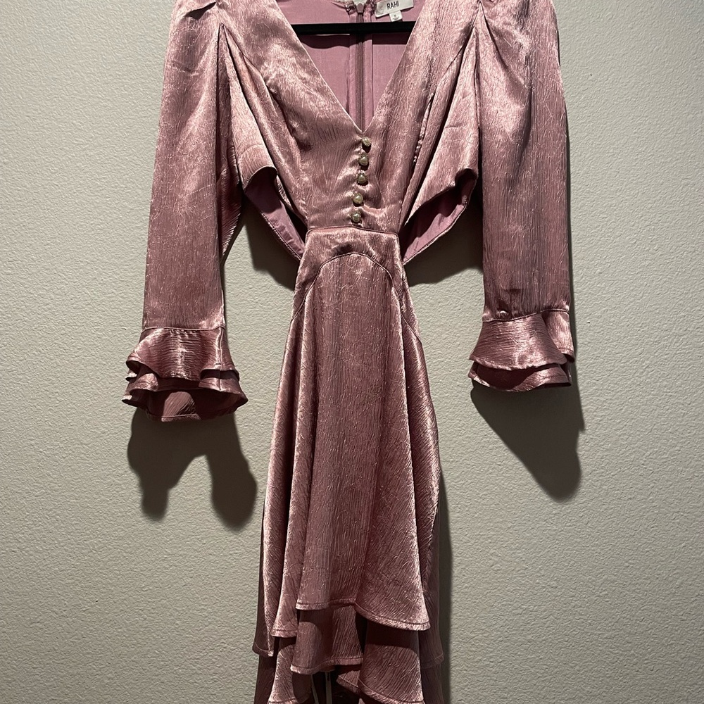Chic Mauve High Low Dress with Ruffle Sleeves